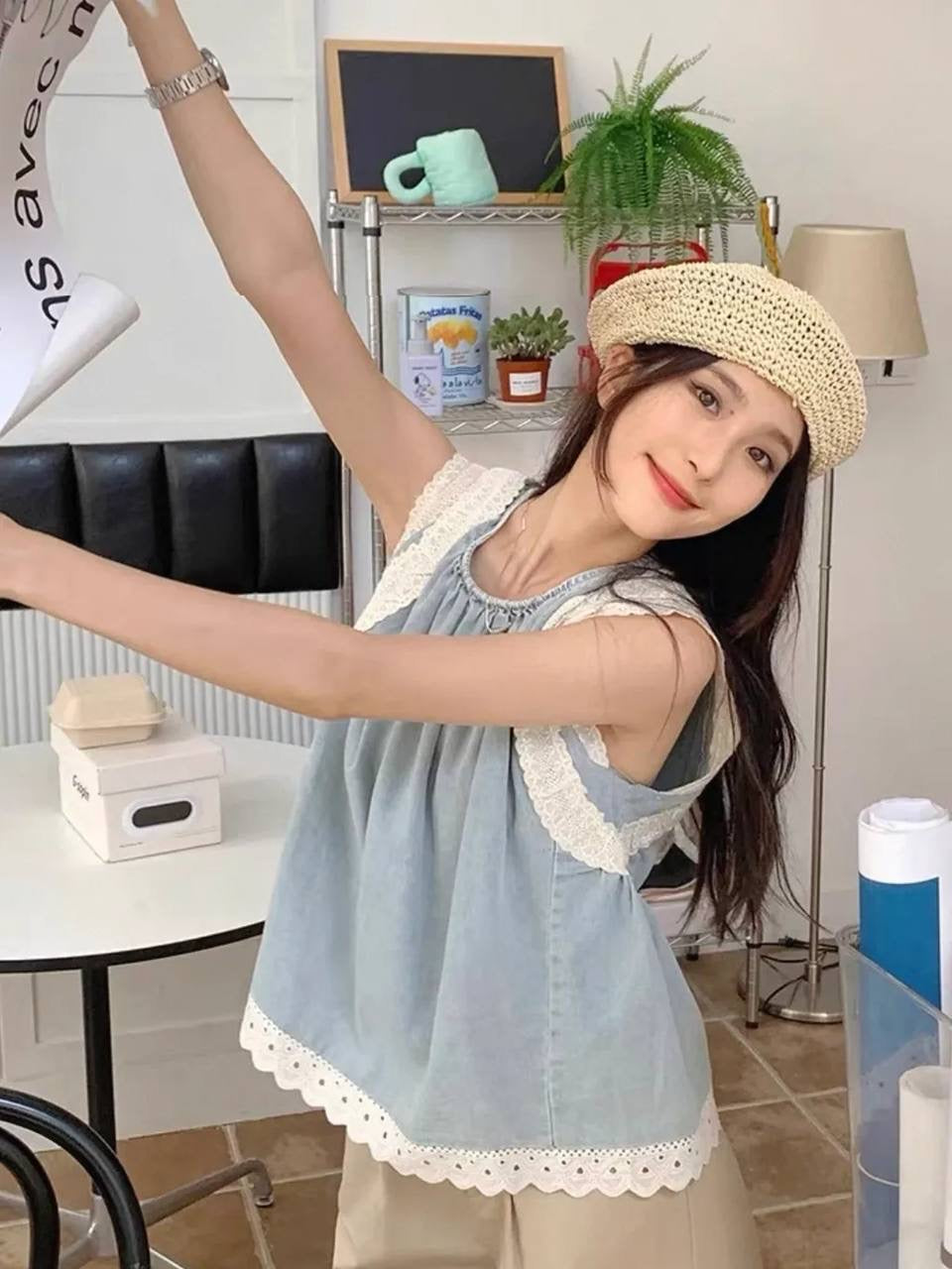 Lace Denim Top